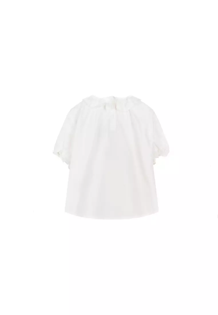 女小童短袖衬衫趣味青蛙贴布花边领口衬衣