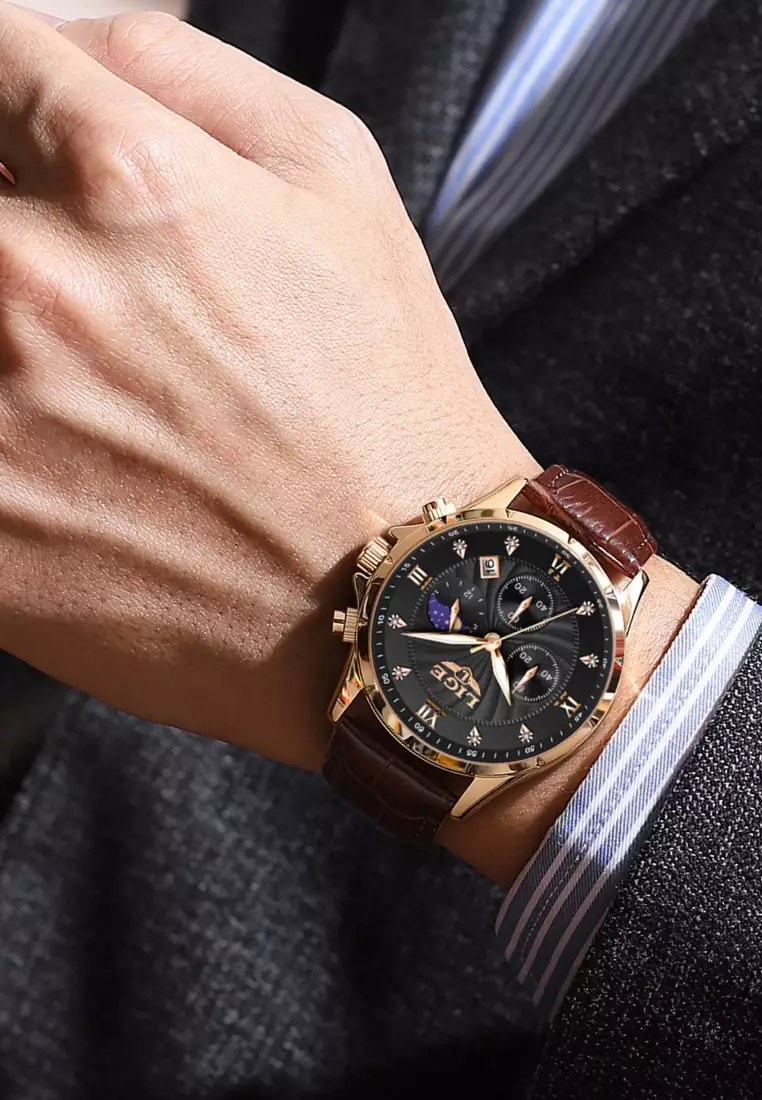 Chronograph Unisex IP Rose Gold color Stainless Steel Quartz Watch, Black dial, Brown Leather Strap