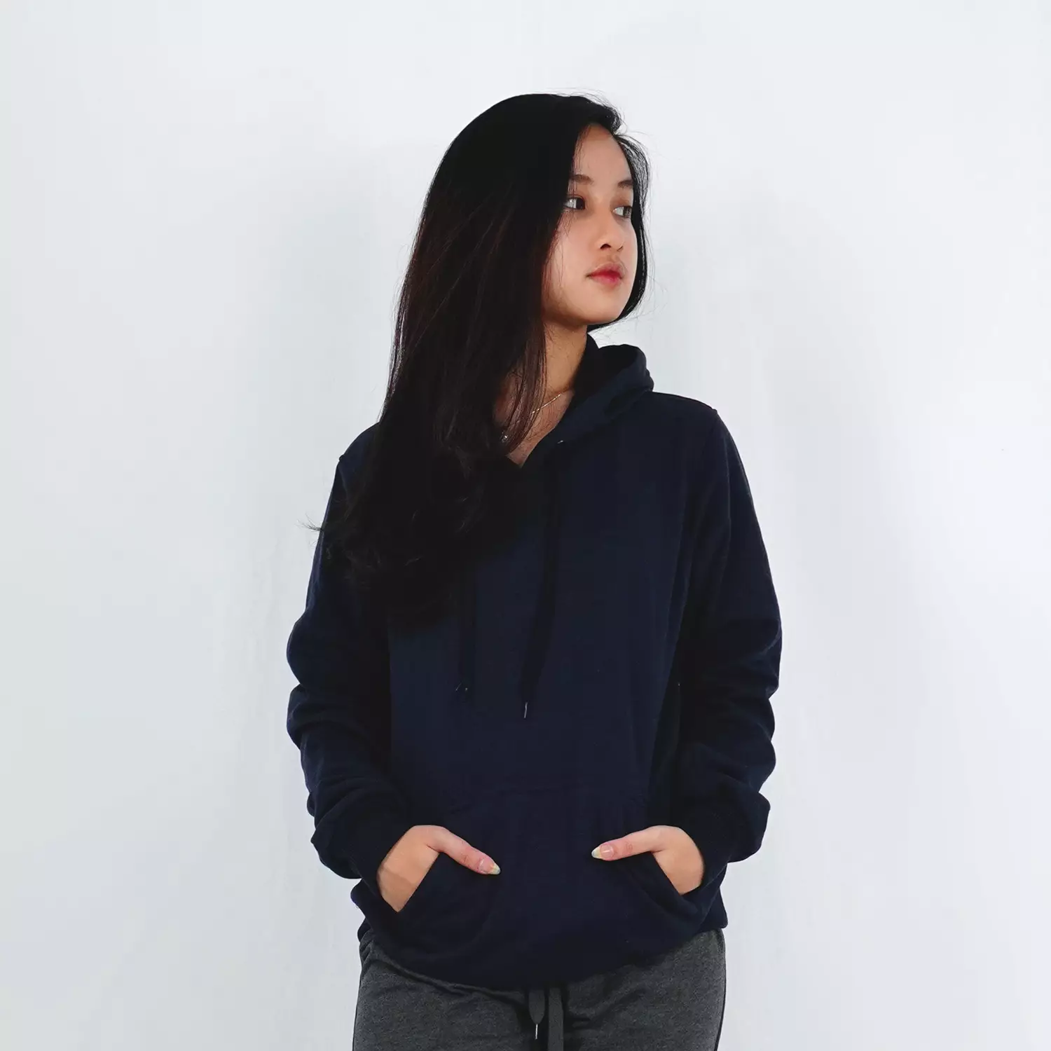 OKECHUKU Ola Sweater Hoodie Wanita Switer Bahan Fleece Basic Fashion - Navy