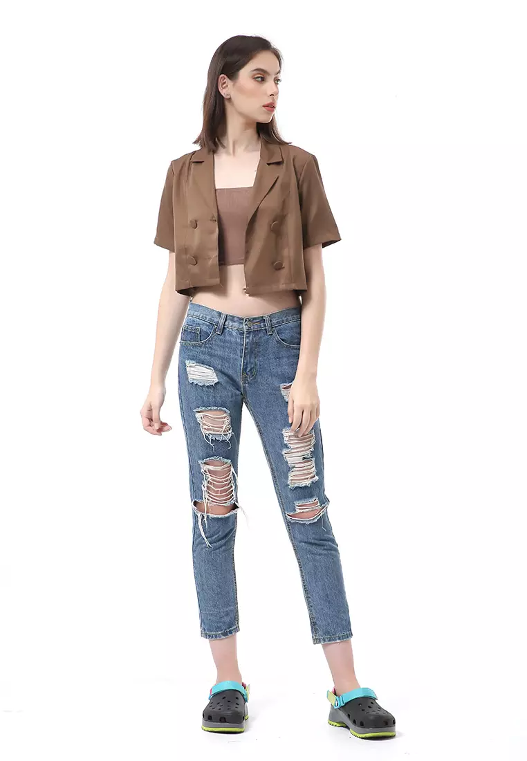 Myra Blazer Wanita Lengan Pendek Simple Design Motif Polos Material Cotton ORIGINAL - Brown