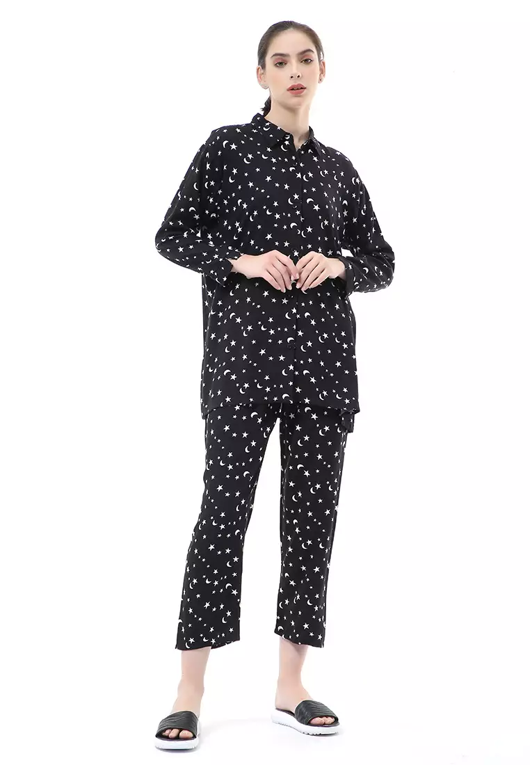 Nayra One Set Setelan Kemeja Wanita Lengan Panjang Motif Bintang Full Kancing Material Rayon ORIGINAL - Black