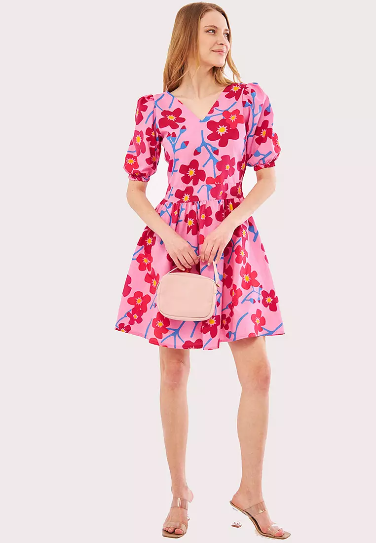 V Neck Balloon Sleeves Mini Dress