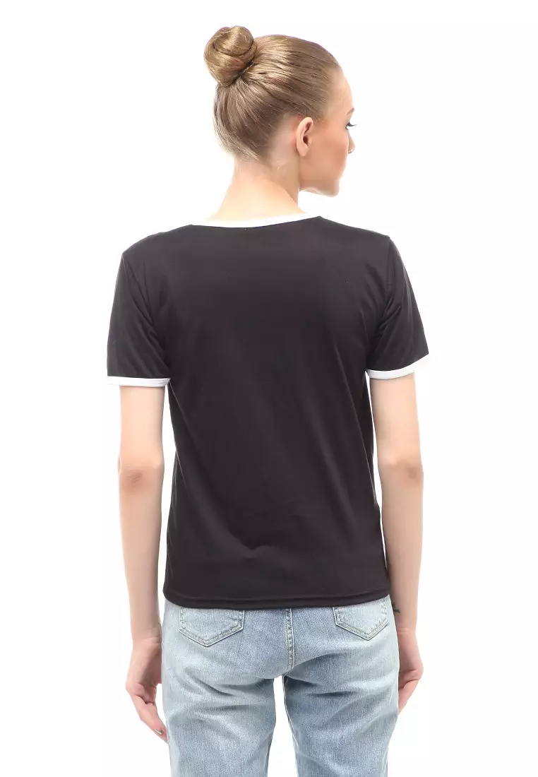 Kaos Oversize List Short Sleeves Design Simple Relaxed Fit - Hitam