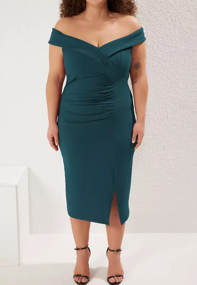 Emerald Green Bodycon Shirred Detail Knitted Plus Size Dress Tbbaw23Ah00185