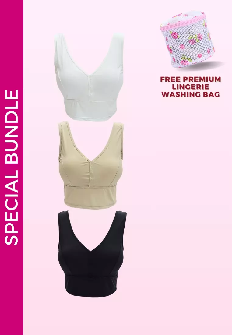 3 Pack Premium Summer Seamless Plus Size Bralette Top in White, Nude and Black