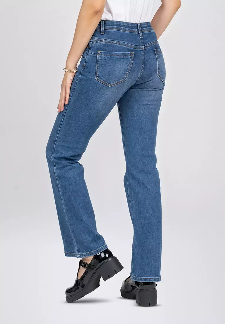 C2 Zoviel Blue Dual Push Bootcut Highwaist Jeans Wanita
