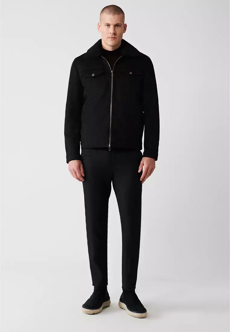 Men's Black Fur Collar Zippered Fiber Coat A32Y6140