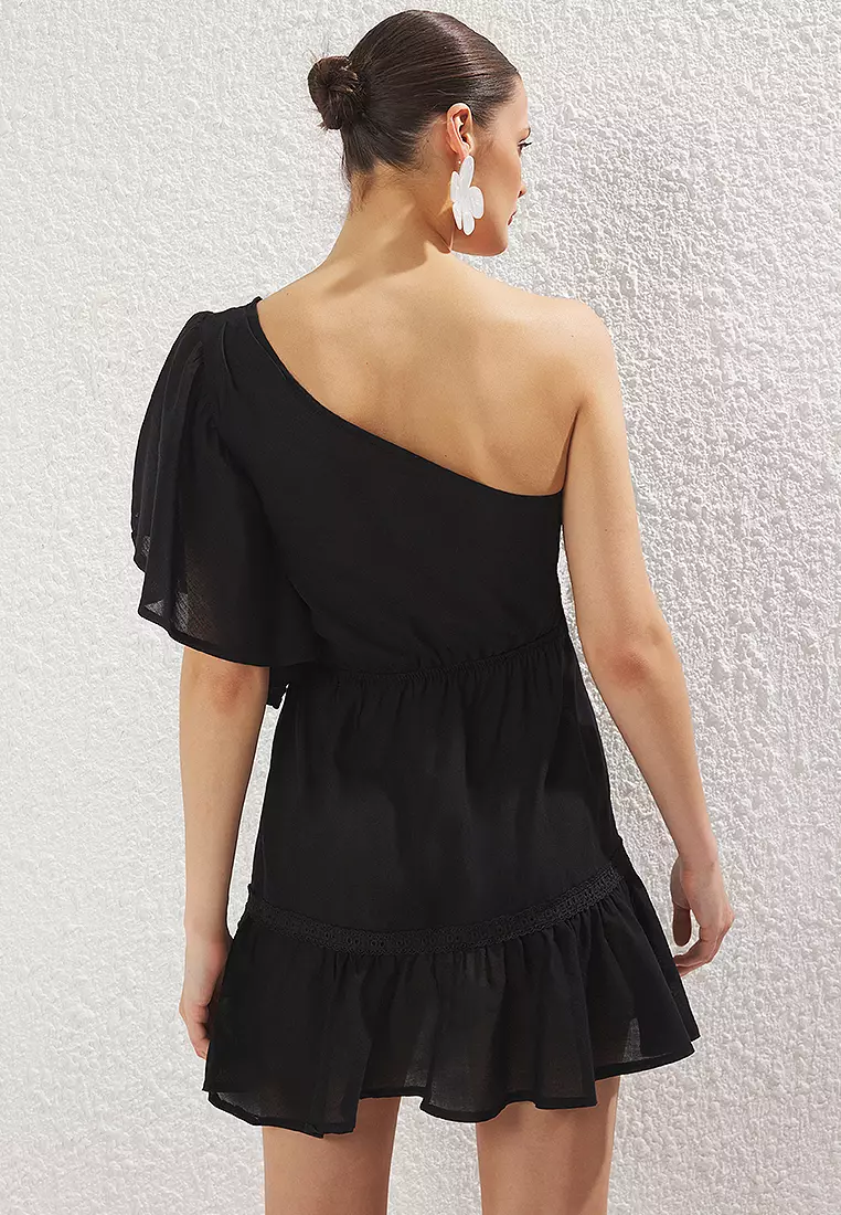 One Shoulder Mini Woven Flounce Beach Dress