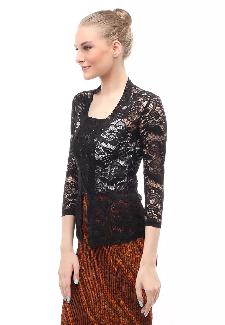 Hara Kebaya Seri 1 Motif Brokat Long Sleeves Atasan Wanita Transparan Premium Quality - Hitam