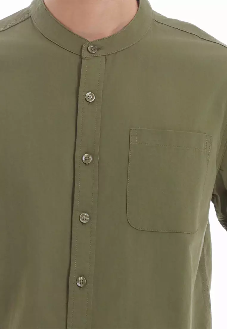 Forest Woven Mandarin Collar Short Sleeve Men Shirt | 621405-48Olive