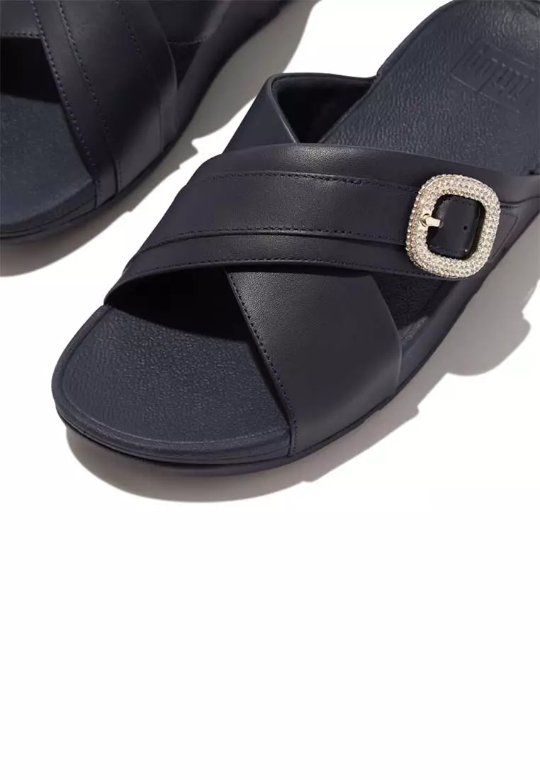 FitFlop LULU Crystal-Buckle Leather Cross Slides - Midnight Navy (HO1-399)