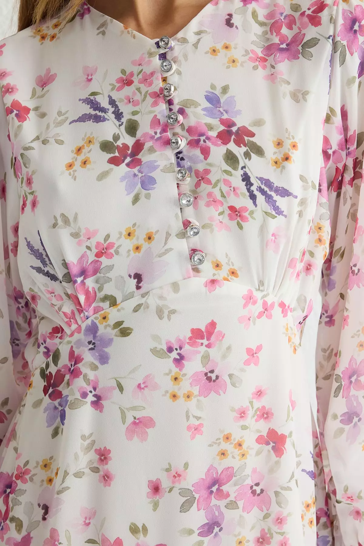 Ecru Floral Patterned Lined Chiffon Woven Dress TCTSS25EB00036