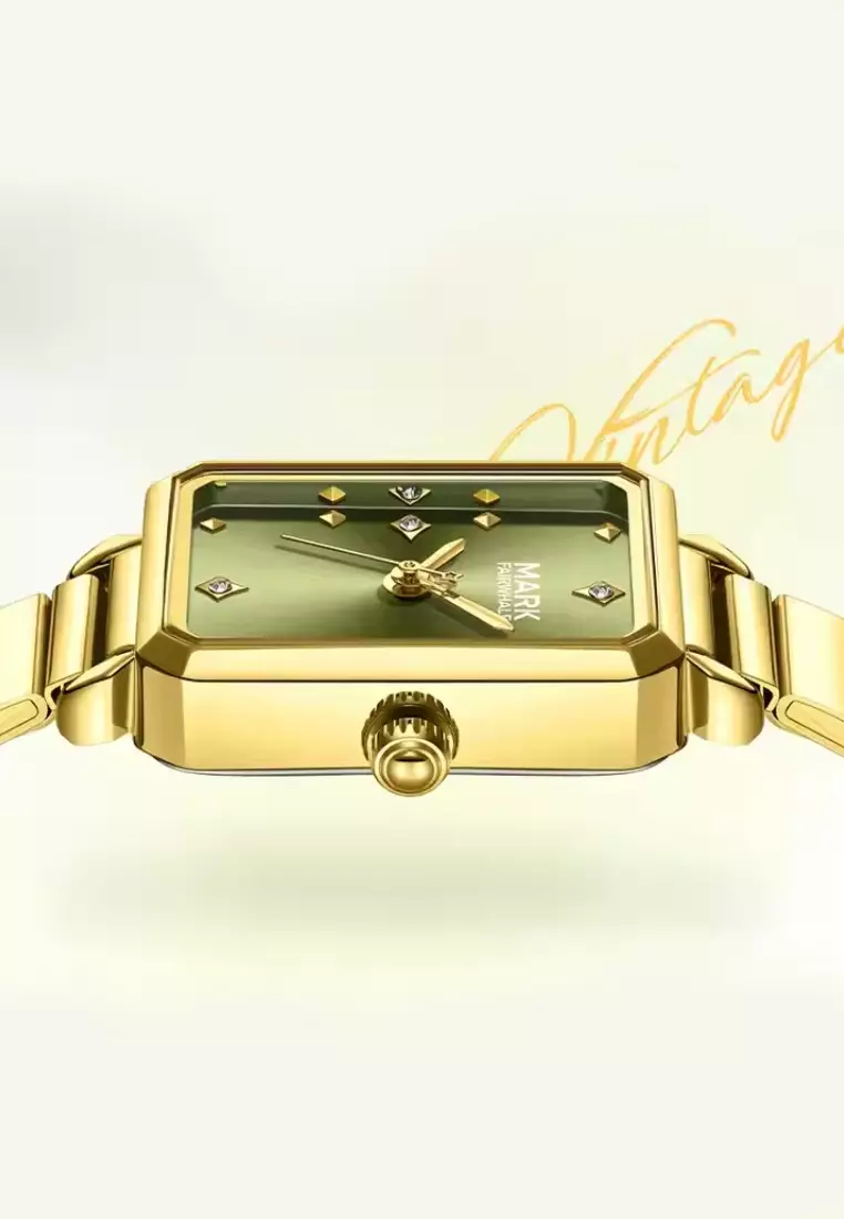 Ladies Alloy Quartz Watch, 32mm Watch Case Height, Gold Color Stainless Steel Bracelet, Olive Green Dial