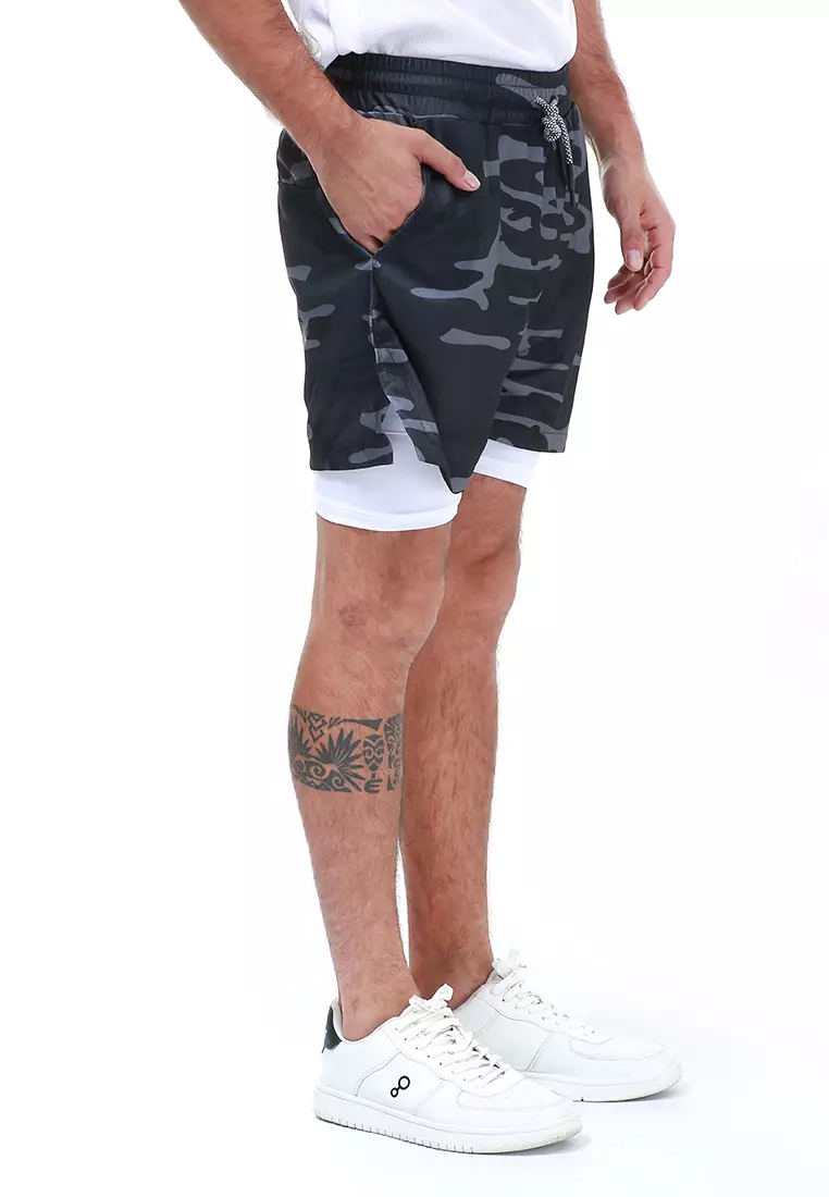 Rishham Celana Pendek Olahraga Gym Pria Double Layer With Towel Holder Material Polyester + Cotton ORIGINAL - Gray