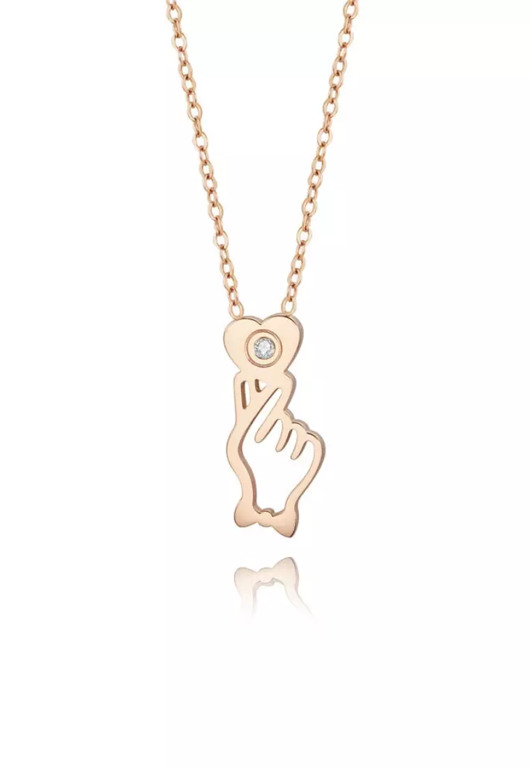 Premium - Finger Heart Sign Engravable Pendant with 0.005 Carat Diamond Necklace in Rose Gold
