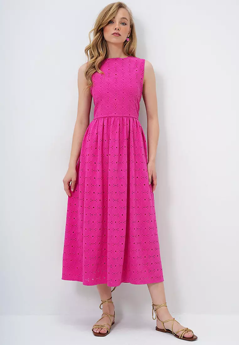 Women's Fuchsia Hidden Zipper Sleeveless Premium Guipure Dress Alc-X14143