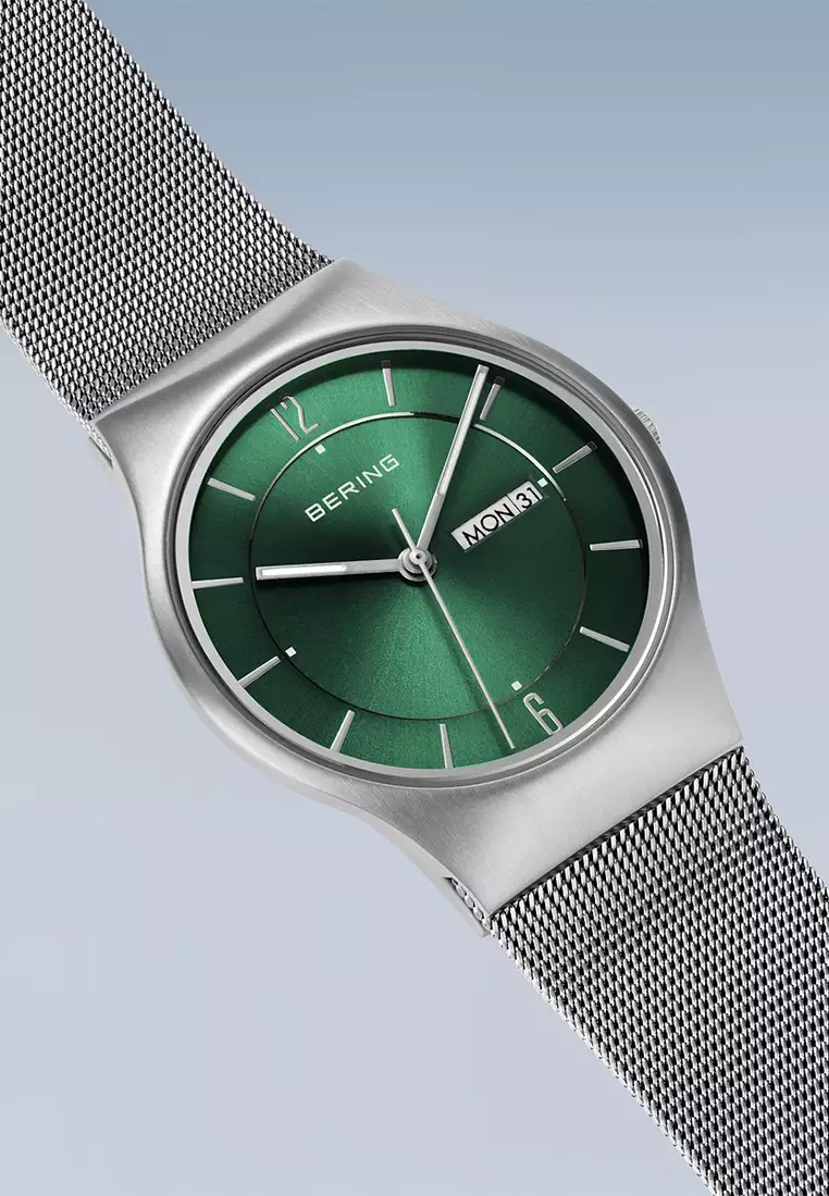 Men's Stainless Steel Mesh Bracelet and Green Dial Quartz Watch - 11938-008DD