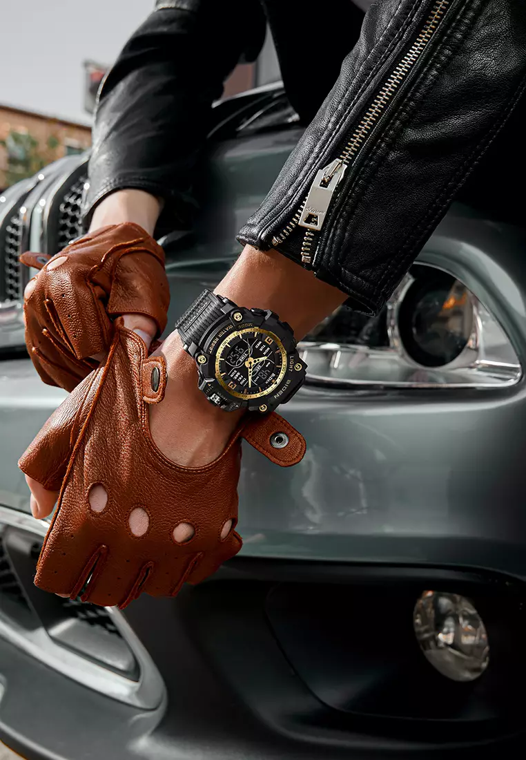 BIDEN Jam Tangan Pria Militer Tali Silikon Analog&Digital Display Jam Tangan Cowok BlackGold