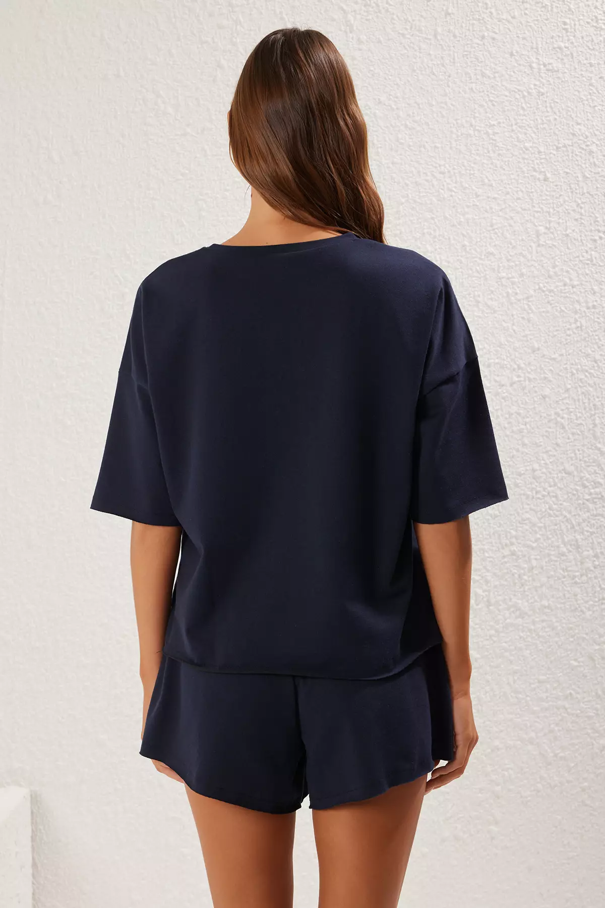 Navy Blue Oversize/Wide Pattern Thin Flexible Shorts T-Shirt Knitted Top Bottom Set