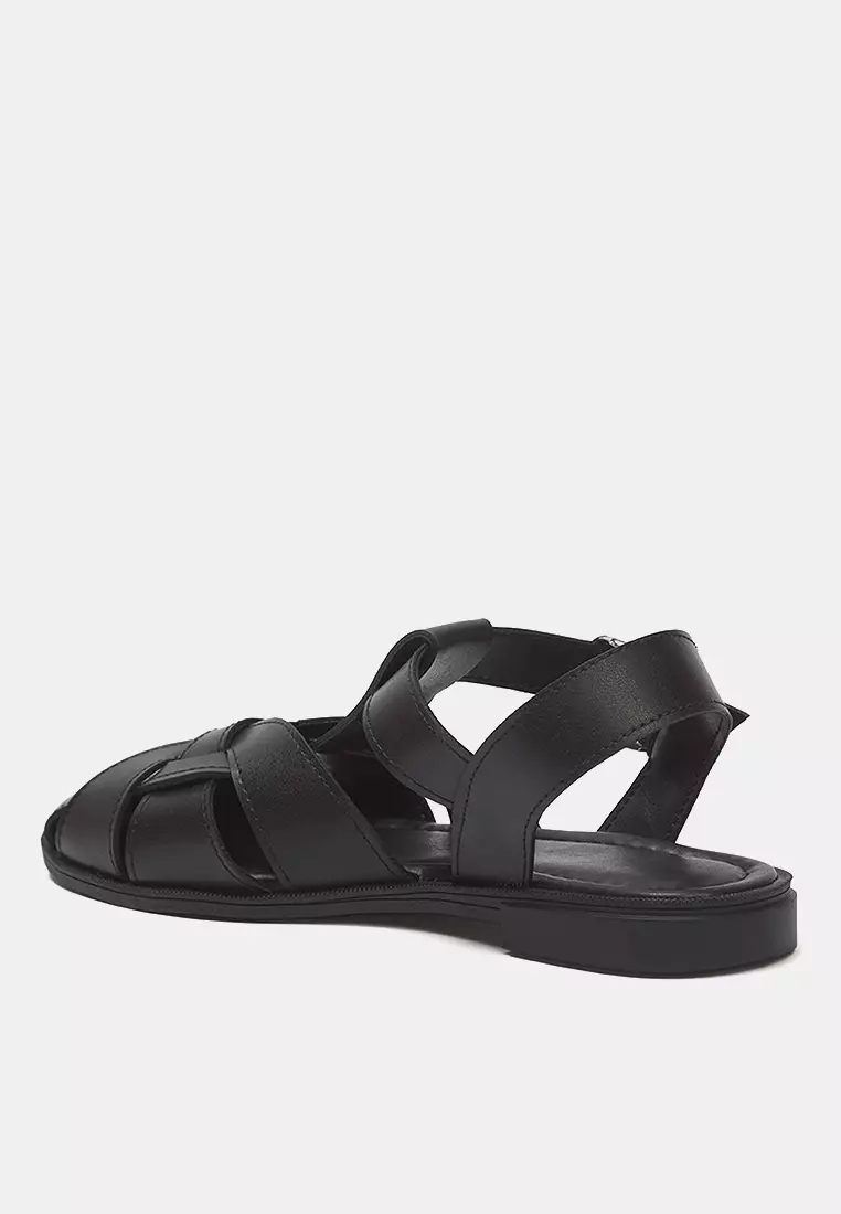 Black Flat Sole Round Toe Women's Closed Front Cage Sandals Takss25Sd00060