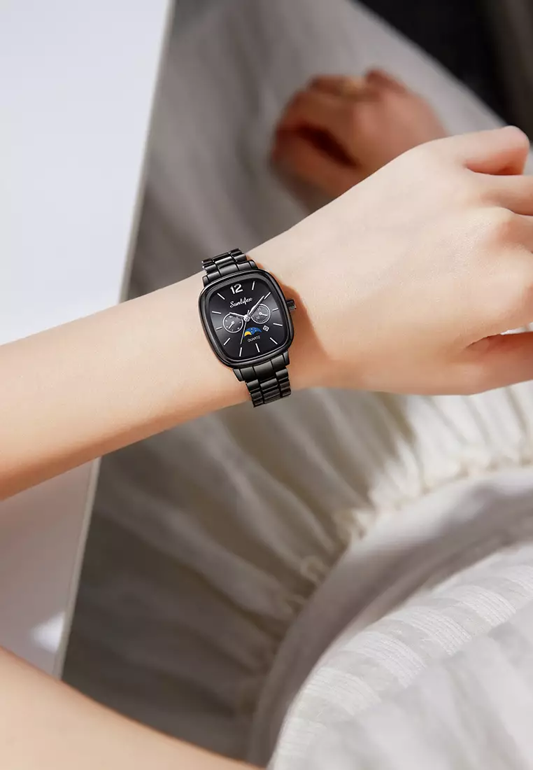 Jam Tangan Wanita Original Kalender Kasual Korean Style Tali Paduan Jam Tangan Cewek B006 allblack