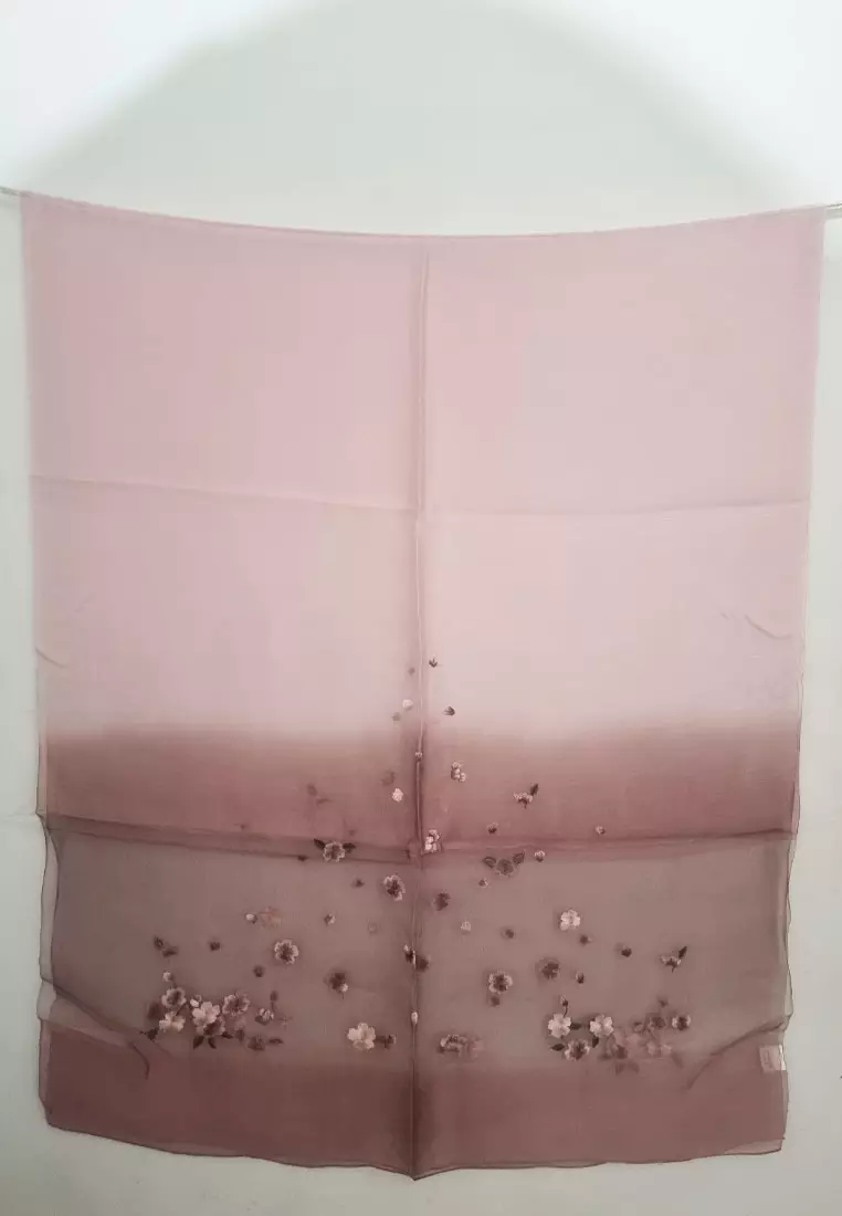 Golden Thread Gradient Embroidery Flowery Silk Shawl Syal Sutra Wanita Rose Mauve