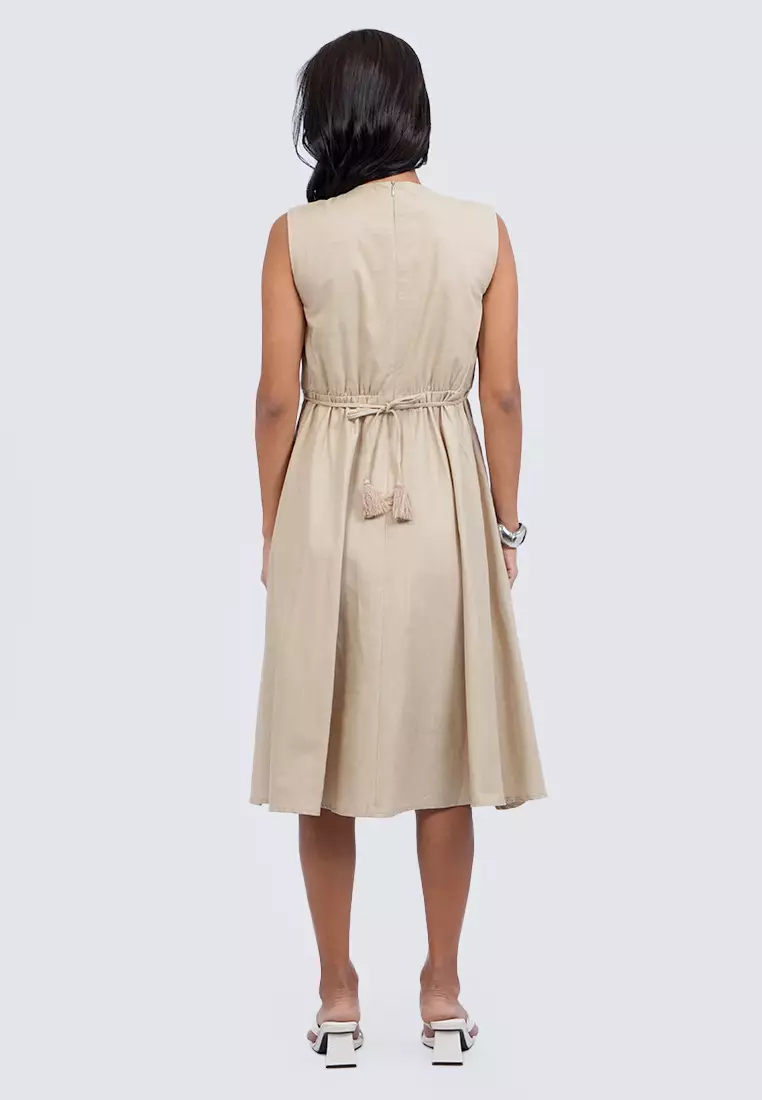 Embroidered Sleeveless Midi Dress KHAKI