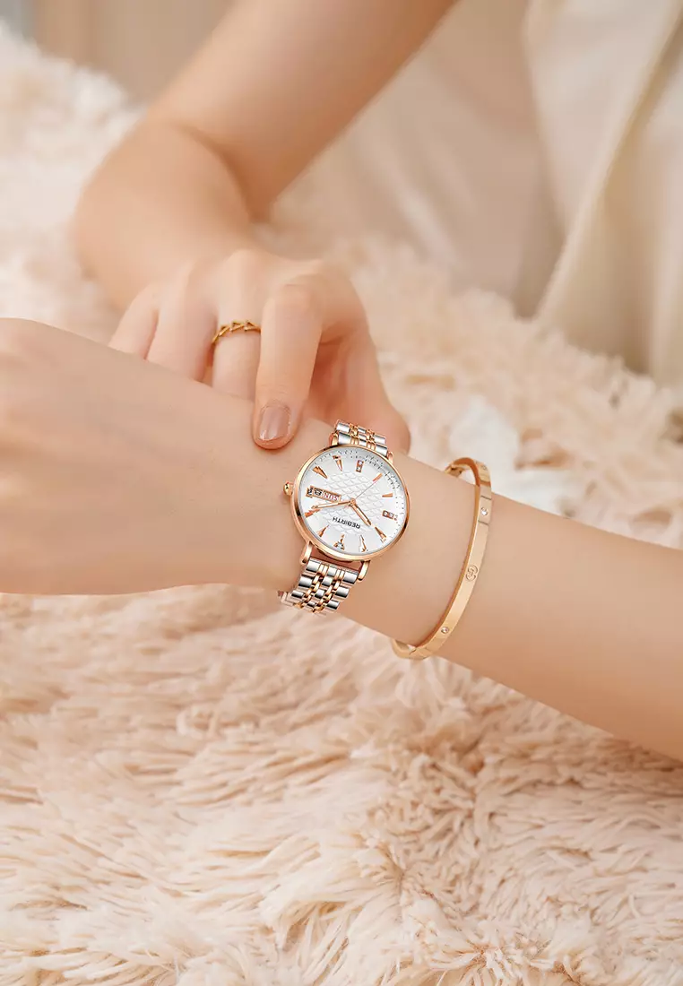 Jam Tangan Wanita Original Anti Air Tali Stainless Steel Jam Kuarsa Santai Mewah Jam Tangan Cewek rosewhite