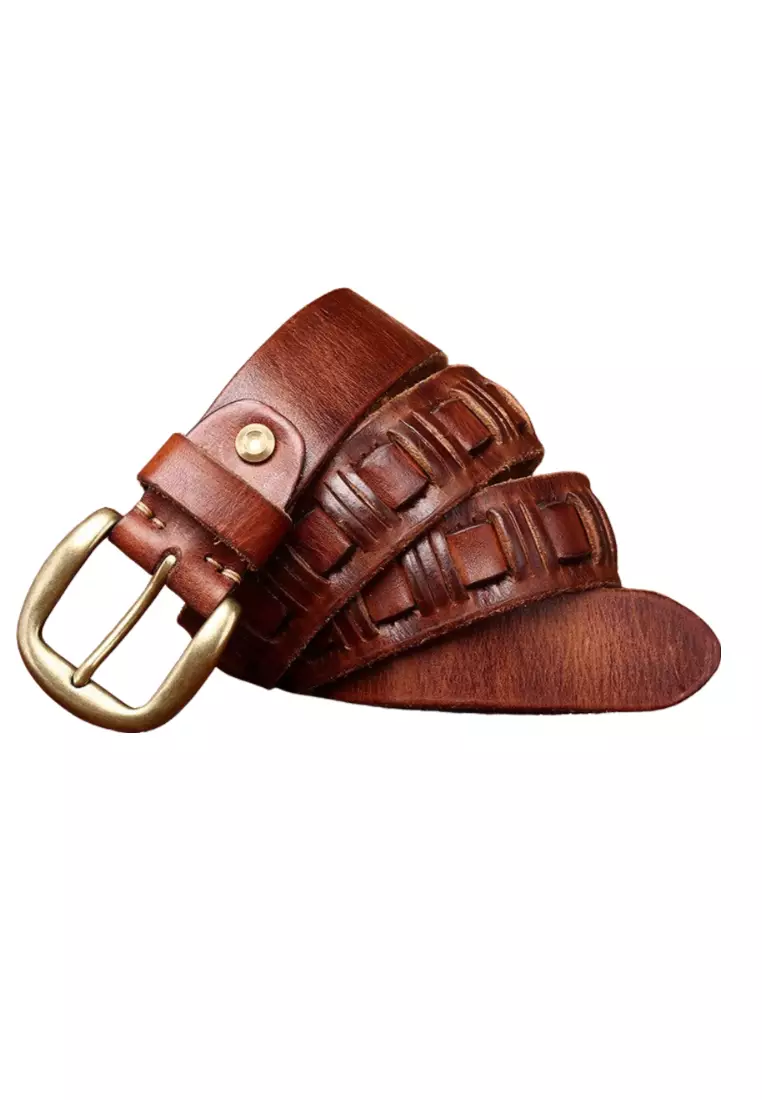 3.8cm Handwoven Genuine Leather Pin Buckle Belt