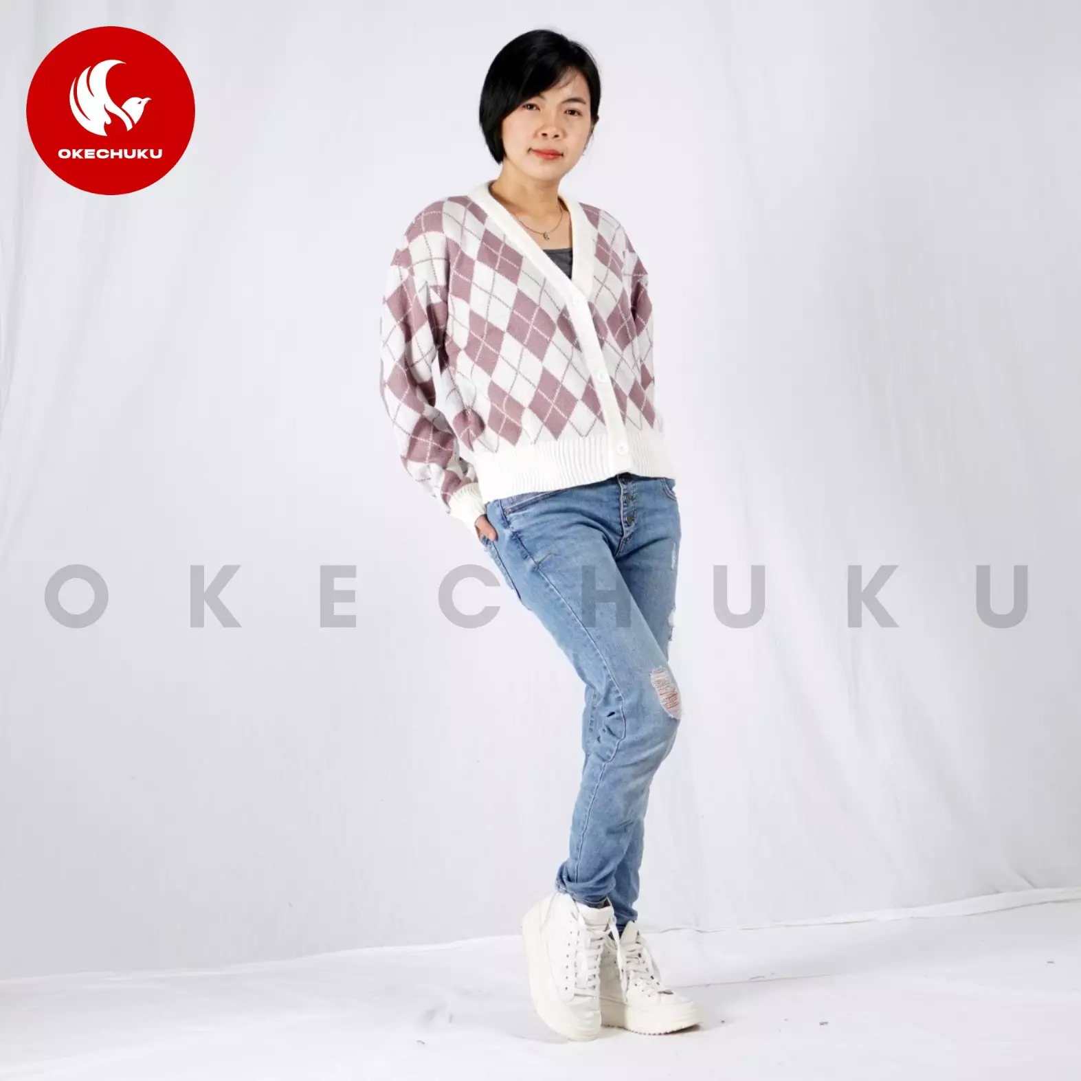 WINDY Cardigan Rajut Wanita Motif Kotak Knit Cardigan Korean Style - NILA