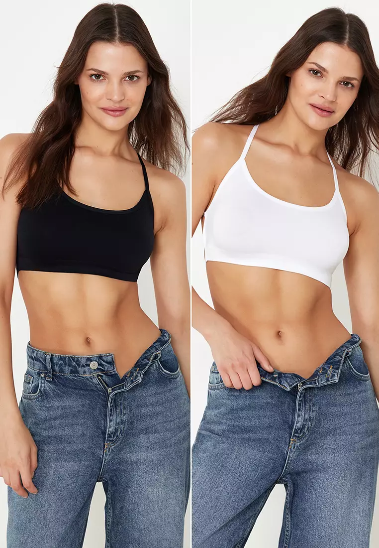 Black-White 2-Pack Seamless/Seamless Rope Strap Non-Wired Cupless Bralette Knitted Bra