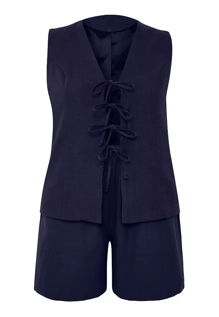 Navy Blue Lace-Up Woven Plus Size Blouse & Shorts Bottom - Top Set Tbbss25Cp00028