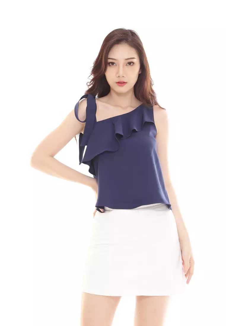 Stella Top Self-tied up Ribbon in Navy Blue