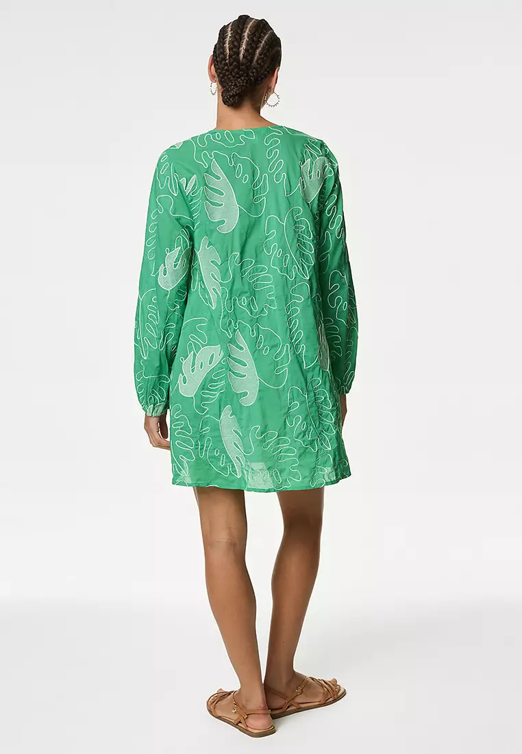 Pure Cotton Embroidered V-Neck Mini Beach Dress