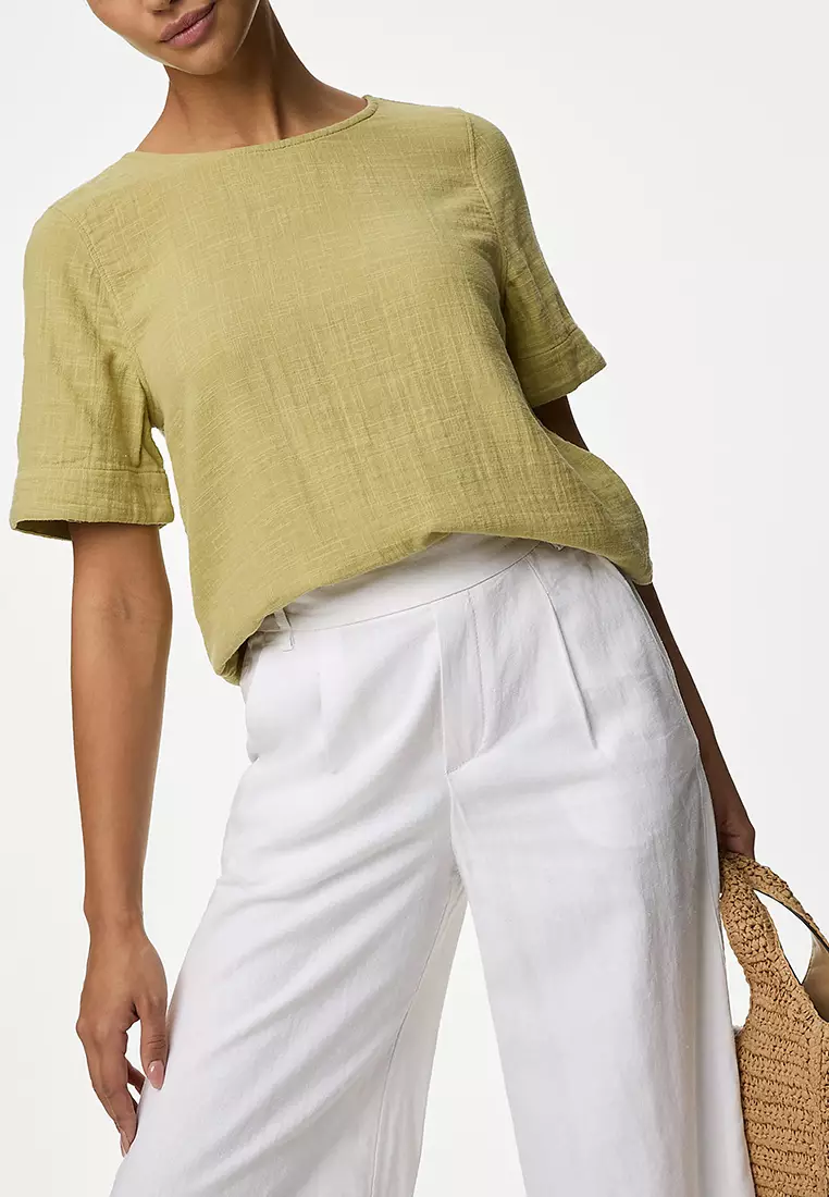 Linen Rich Wide Leg Cropped Trousers