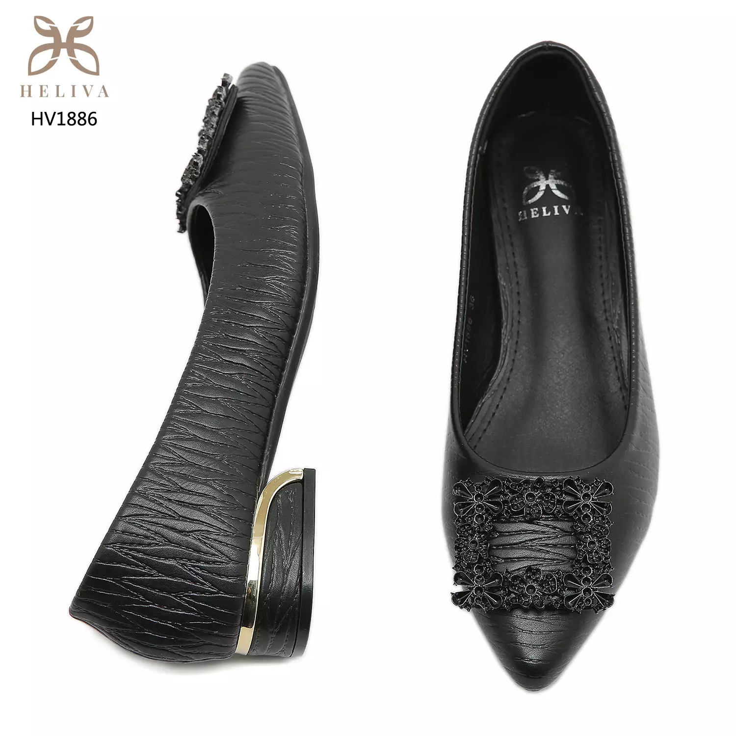 Heliva Sarah Women Shoes Heel chunky Wood Grain Pattern Frame Flower Sol 2.5cm HV1886