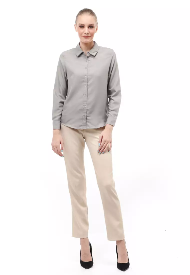 Kemeja Long Sleeves Atasan Wanita Motif Solid Shirt - Grey