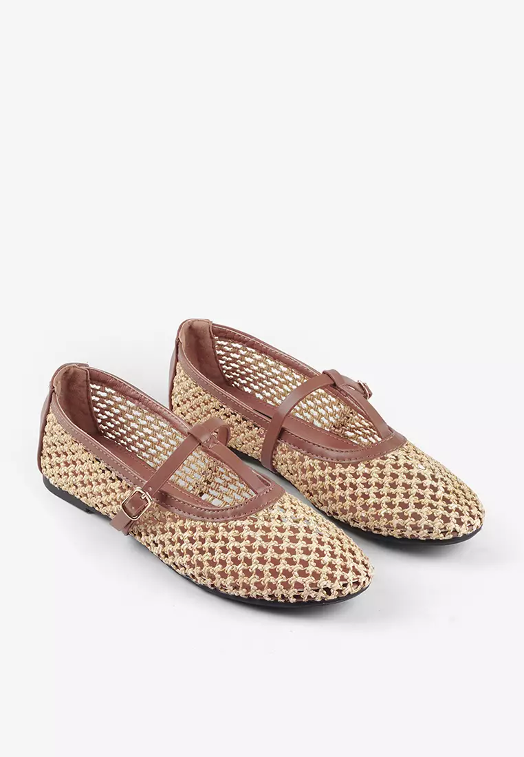 Aria Woven Mary Jane Flatshoes Summer Slip On in Natural