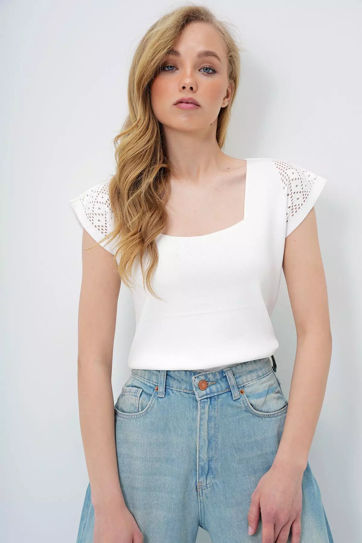 Women's White Square Neck Openwork Summer Knitwear Blouse