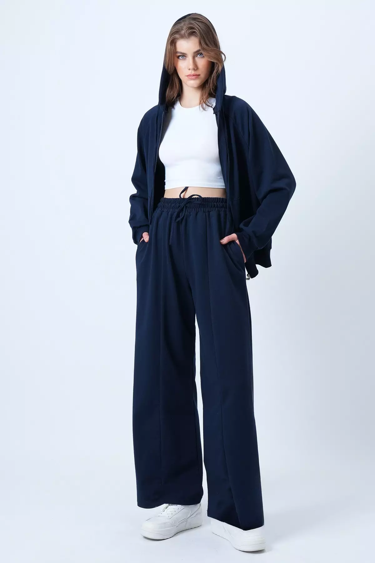 Women'S Navy Blue Hooded Zipper Jacket And High Waist Wide Leg Pants Set Alc-X14606