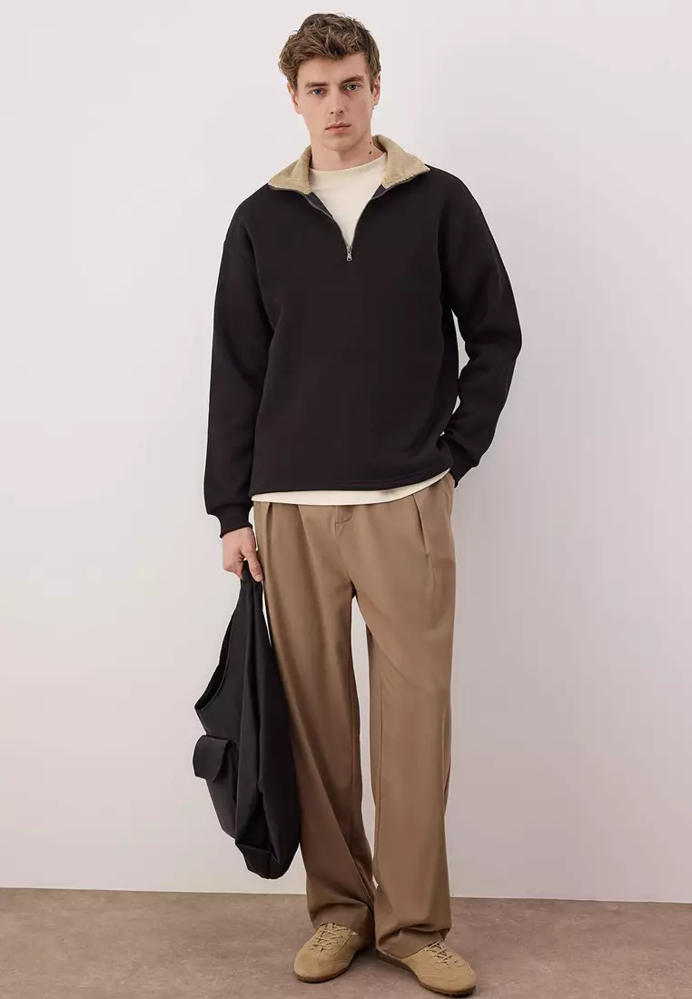 Black Collar Detailed Stand Collar New Oversize/Wide Cut Thick/Fleece Lined Sweatshirt Tmnaw26Sw00003