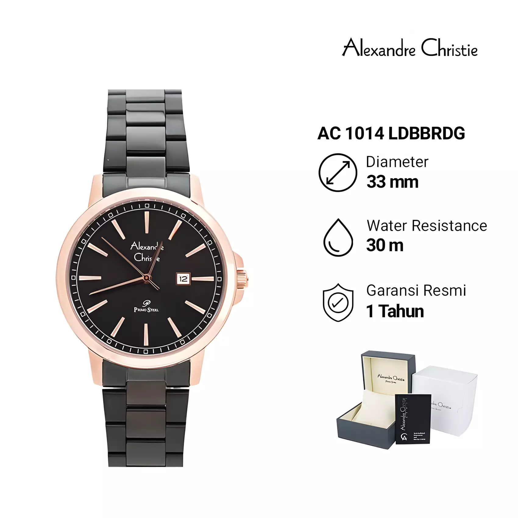 Alexandre Christie Primo Steel - Jam Tangan Couple Analog Pria Wanita - Rose Gold Black - Stainless Steel - 1014 MLDBBRDG