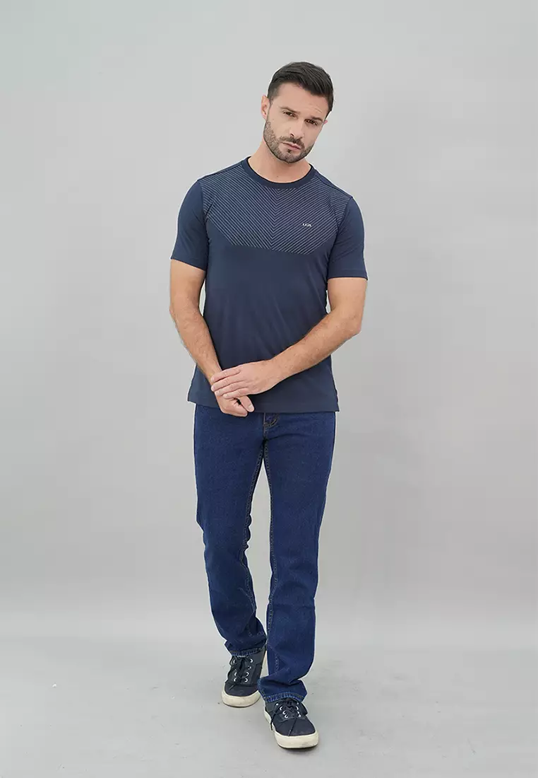 LGS - Kaos Casual Pria Warna Navy Motif Garis Halus Slim Fit - JTS.322.S3207F.01.C