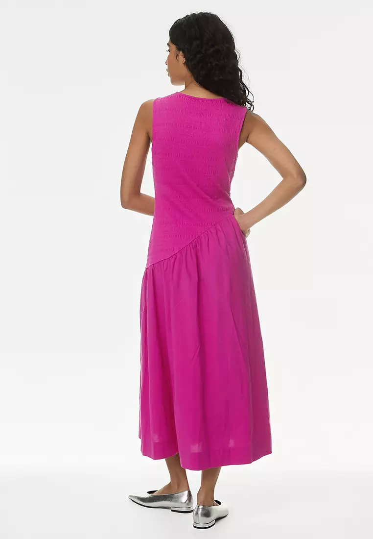 Cotton Blend Textured Midi Drop Waist Dress