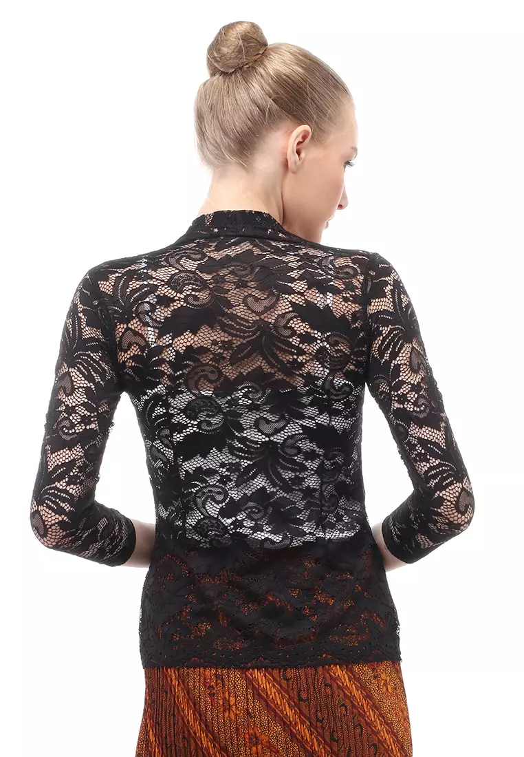 Hara Kebaya Seri 1 Motif Brokat Long Sleeves Atasan Wanita Transparan Premium Quality - Hitam