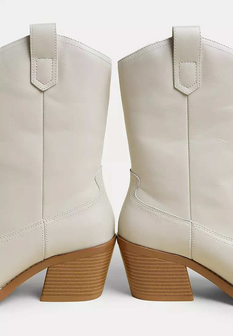 Leather Cow Boy Block Heel Ankle Boots