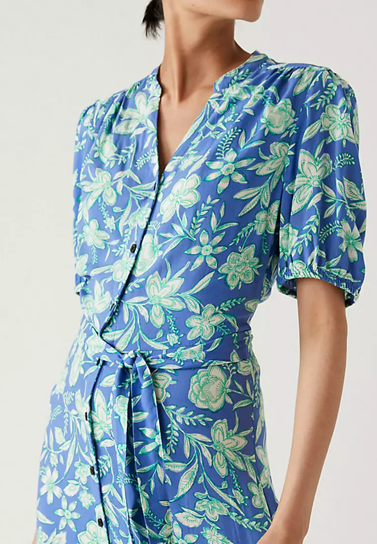 Printed Round Neck Belted Midi Shirt Dress