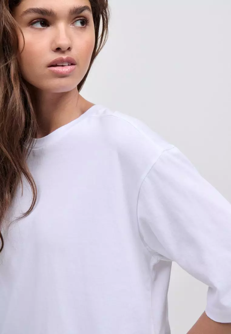 Relaxed Boxy Elbow Length Crew Neck T-Shirt