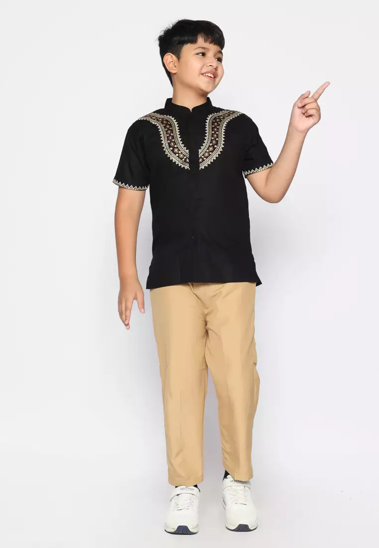 Baju Koko Set Anak Laki Bordir Viral Black - GENUINE