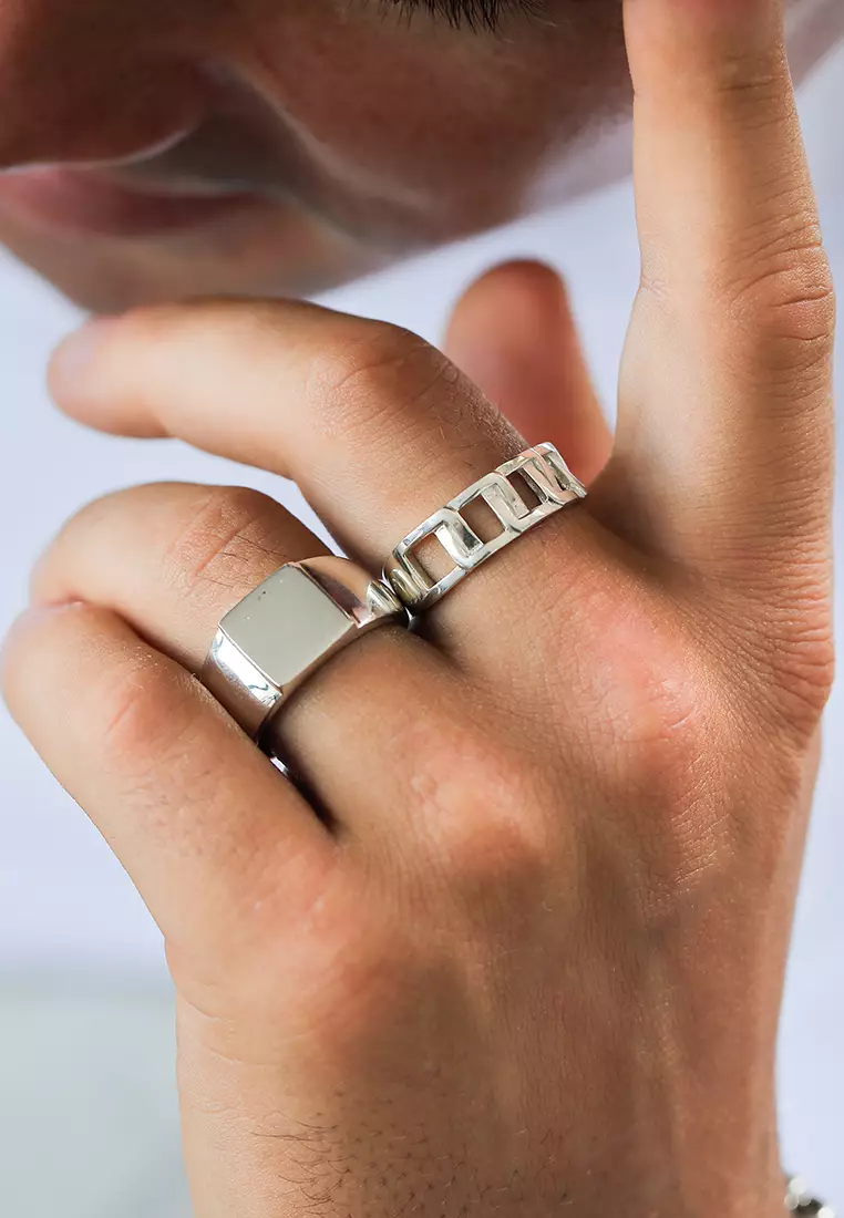 Men's Silver Rectangular Grid Band Ring